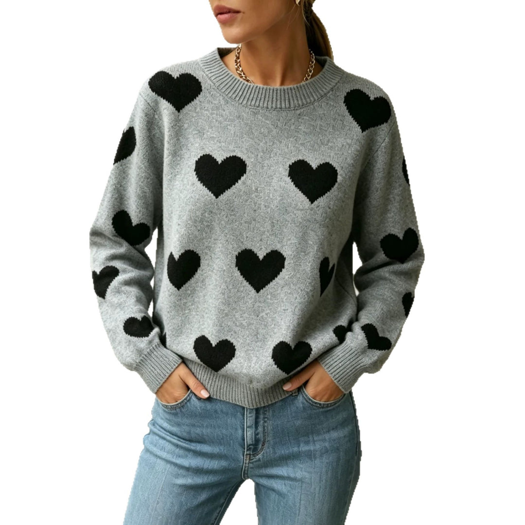 Damen Herz-Intarsien Rundhalspullover mit lässiger Oversize-Passform – Mavelle
