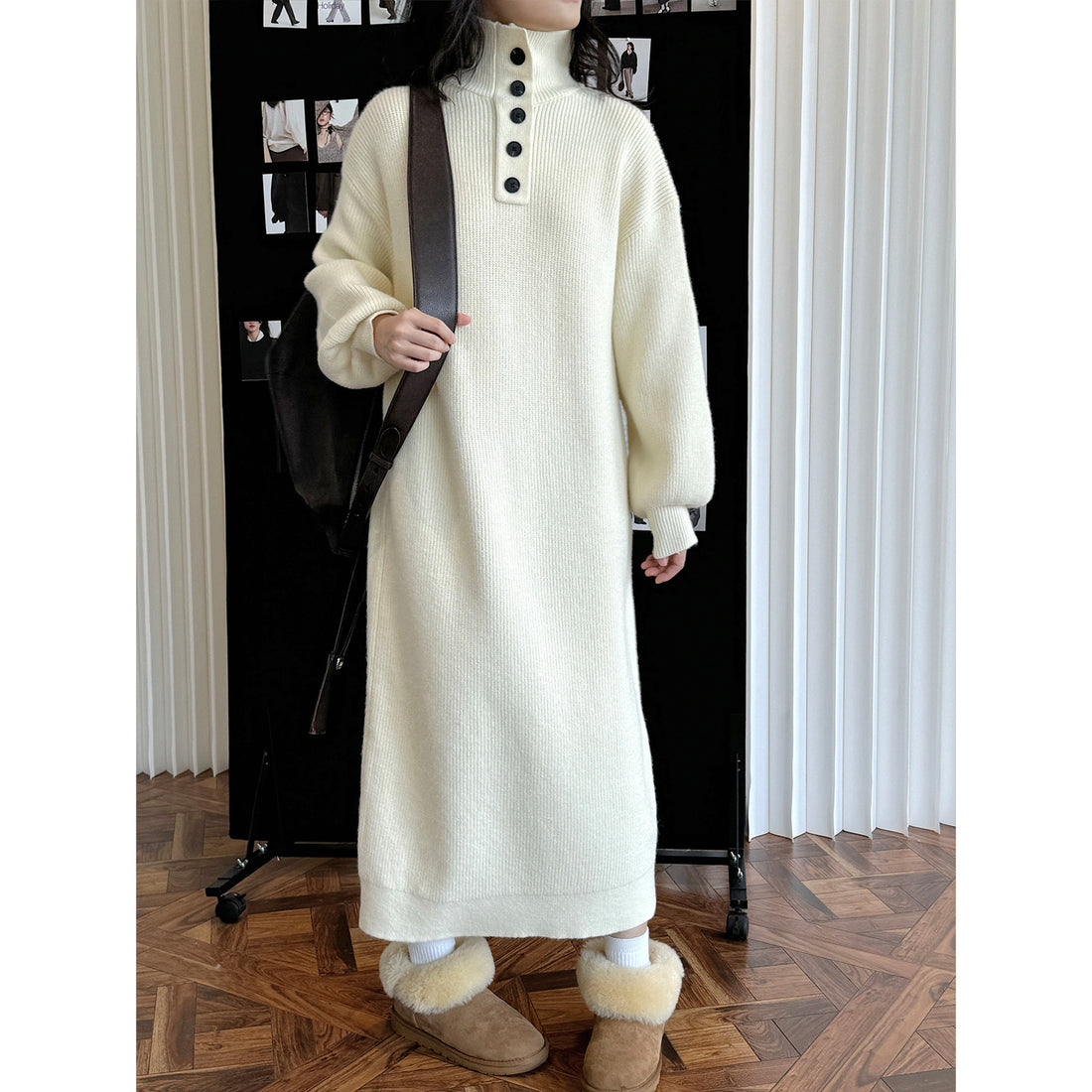 Damen Strickkleid mit Knopfleiste am Stehkragen und Rippstruktur Echoarchiv
