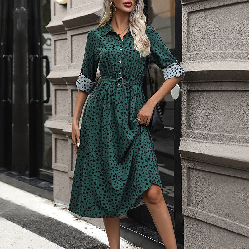 Damen Langärmliges Hemdblusenkleid mit Gürtel und Punkten Echo Archiv