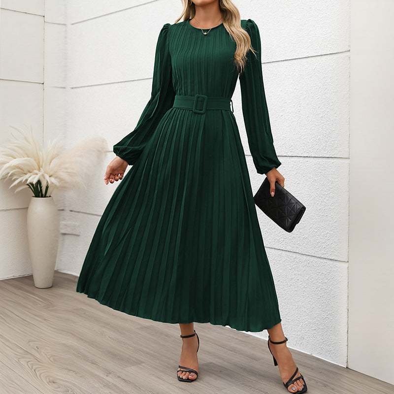 Damen Plissiertes Midikleid mit Taillengürtel, Puffärmeln und Rundhalsausschnitt – Élara