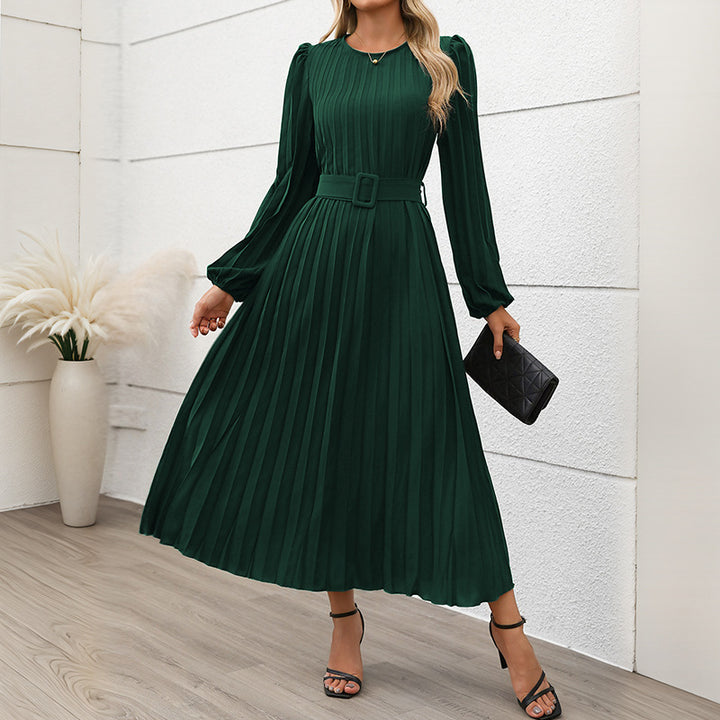Damen Plissiertes Midikleid mit Taillengürtel, Puffärmeln und Rundhalsausschnitt – Élara