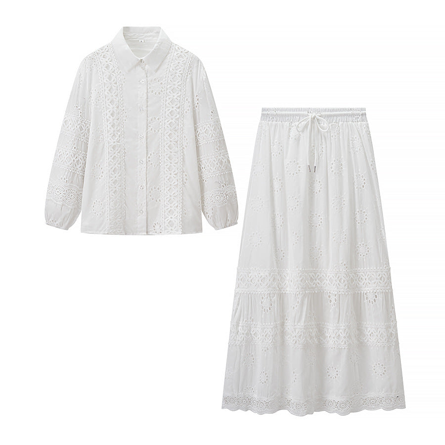 Damen Zweiteiliges Broderie-Anglaise-Set mit Hemdbluse und gestuftem Midirock Echo Archiv