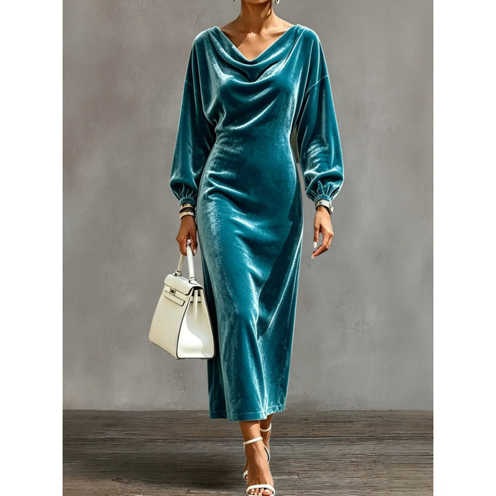 Damen Midikleid aus Samt mit drapiertem Wasserfallkragen und Ballonärmeln Echoarchiv