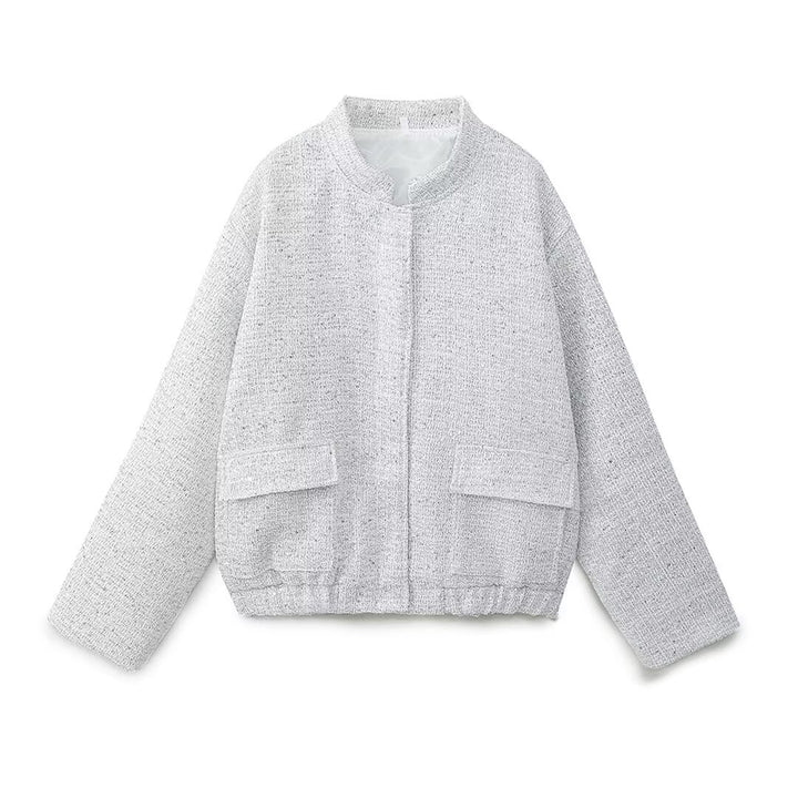 Damen kastige Tweedjacke mit kurzem Stehkragen, verdeckter Front und aufgesetzten Pattentaschen – Célinea