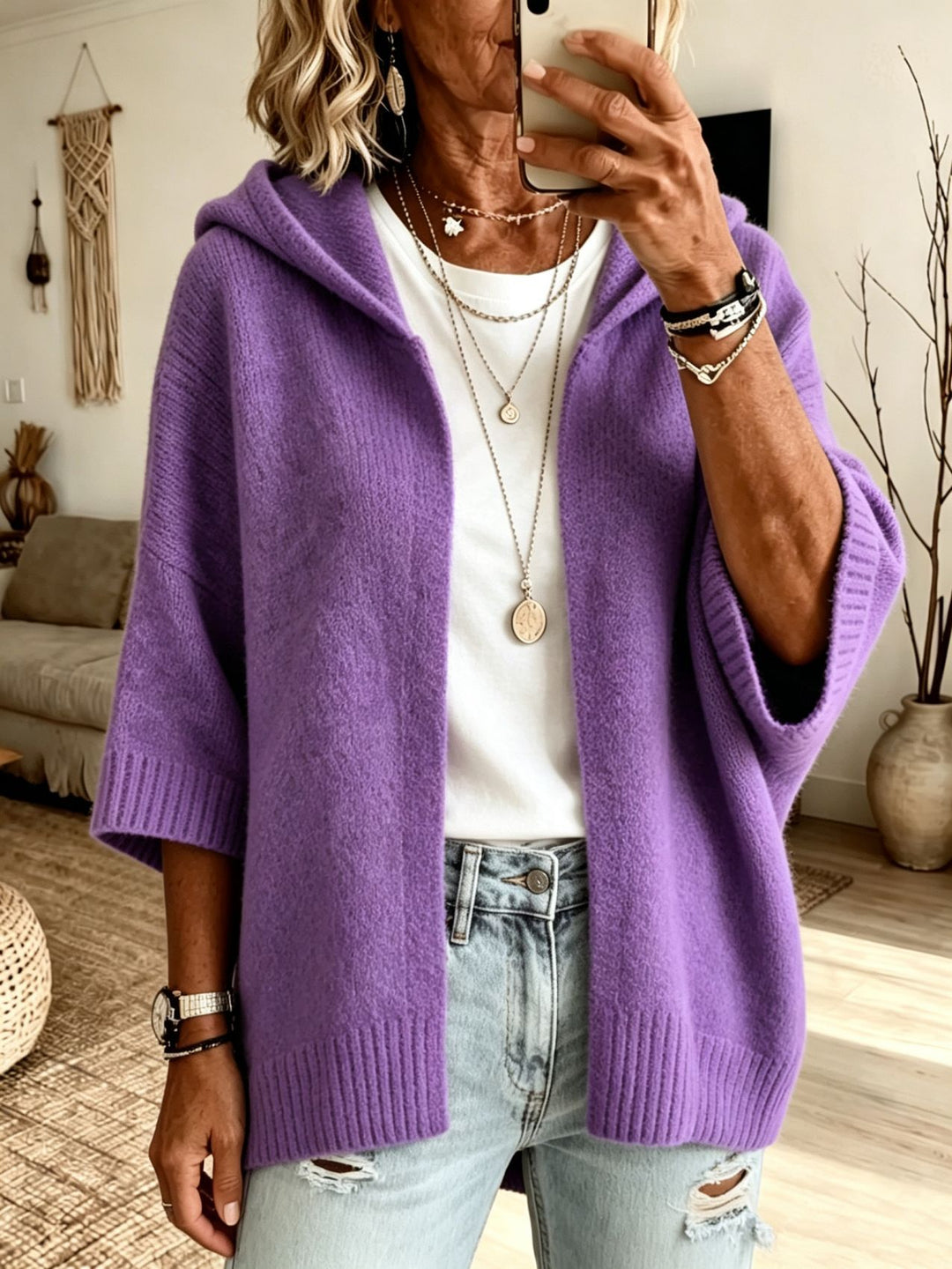 Damen Kapuzen-Longcardigan aus grobem Strick mit 3/4-Ärmeln und offener Front – Veloura