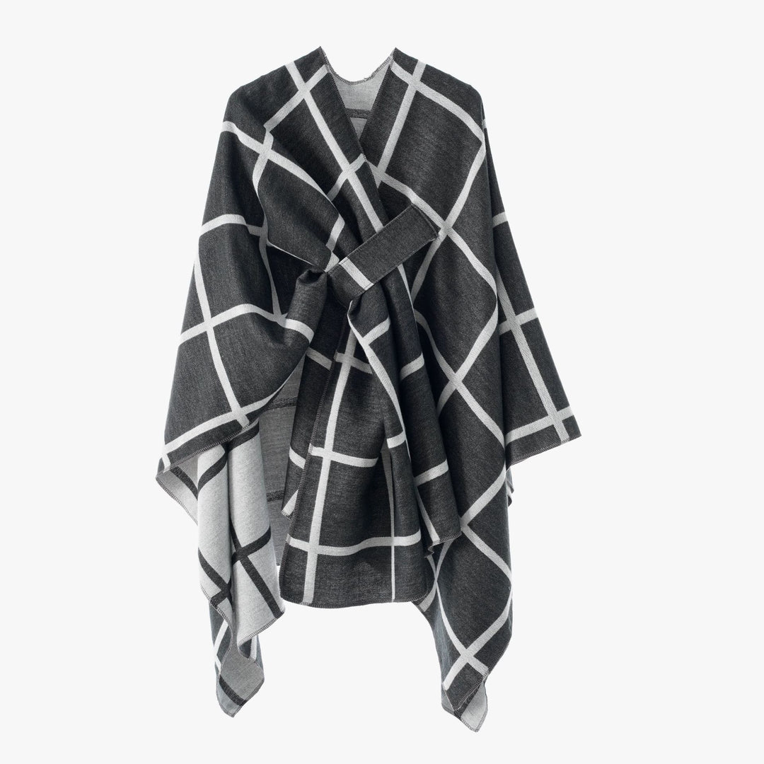 Damen Oversize Wollmix Poncho mit Gürtel und Karomuster Echo Archiv