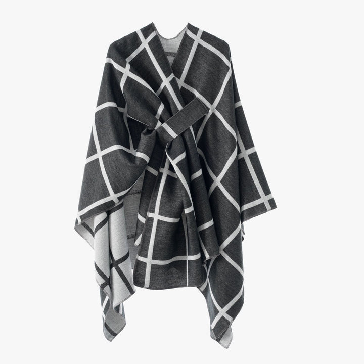 Damen Oversize Wollmix Poncho mit Gürtel und Karomuster Echo Archiv