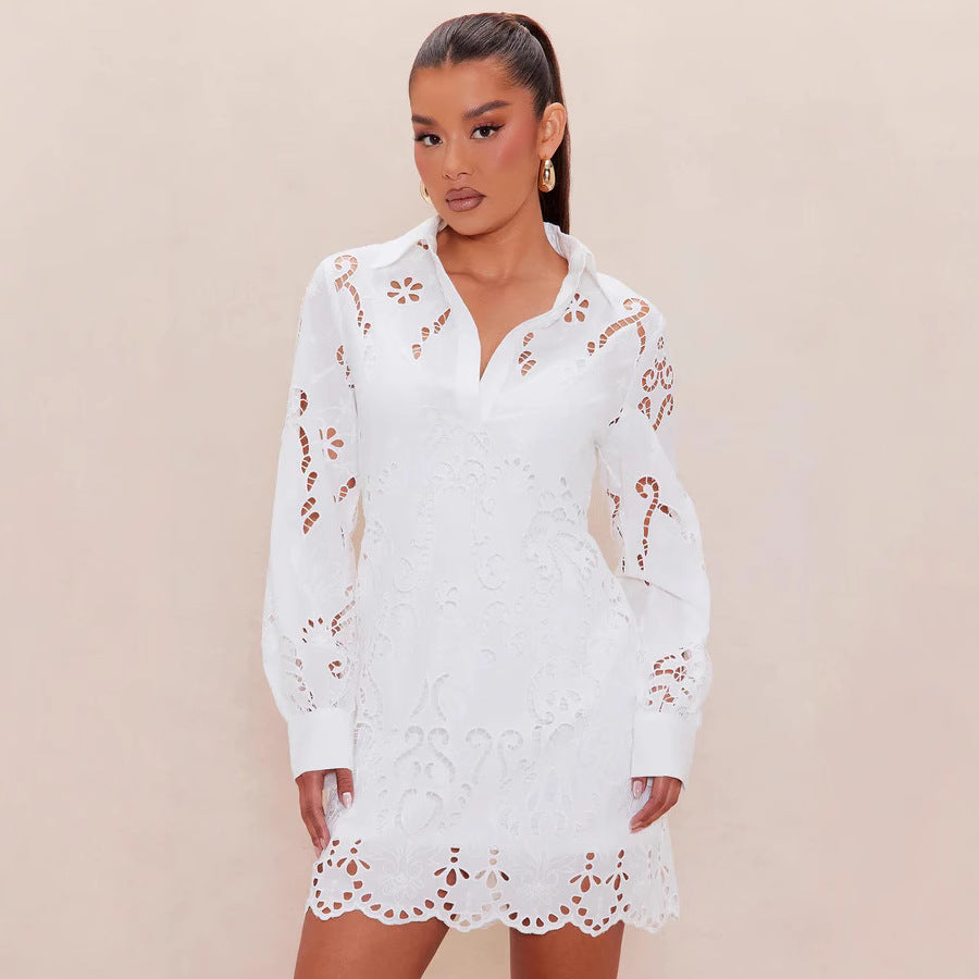 Damen Elegantes Hemdblusenkleid mit raffinierter Lochstickerei und langem Ärmel Echo Archiv