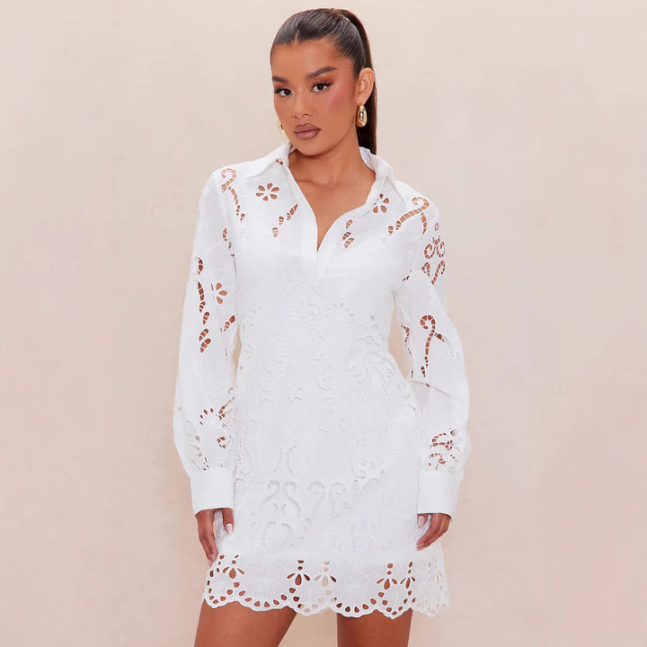 Damen Elegantes Hemdblusenkleid mit raffinierter Lochstickerei und langem Ärmel Echo Archiv