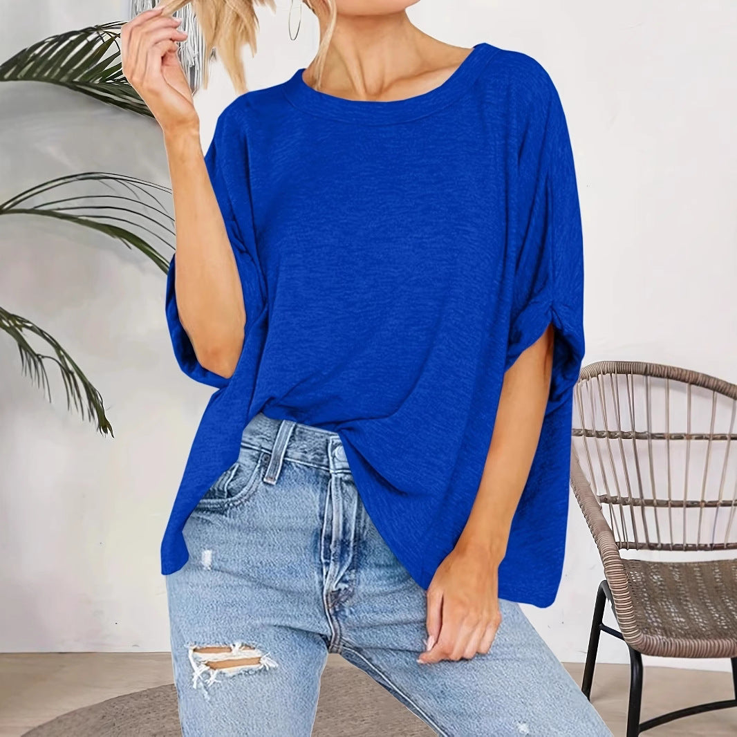 Damen Oversize-Longshirt mit weitem U-Boot-Ausschnitt und geknoteten Dreiviertelärmeln – Avérine