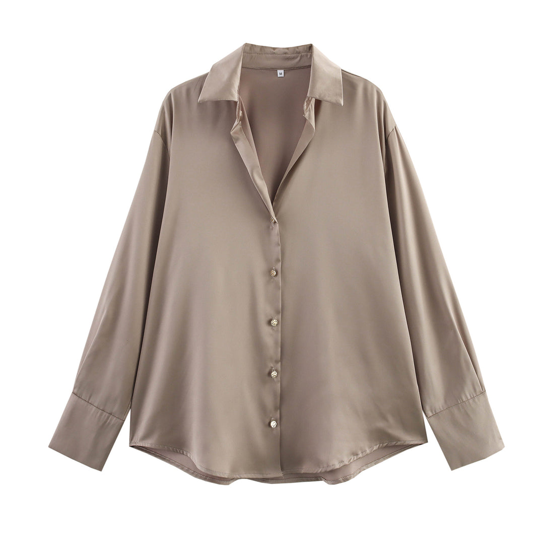 Damen nan oversized Satinbluse mit Hemdkragen, verlängerten Manschetten und abgerundetem Saum Echo Archiv