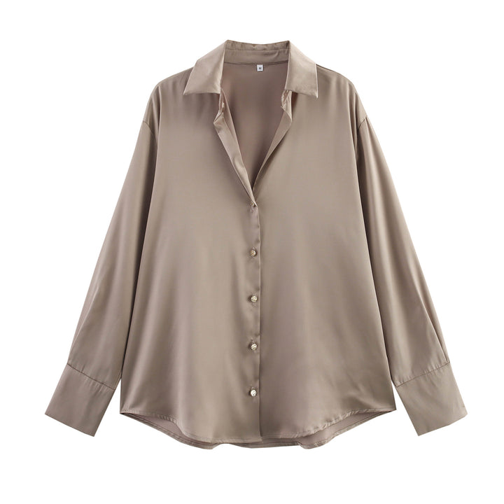 Damen nan oversized Satinbluse mit Hemdkragen, verlängerten Manschetten und abgerundetem Saum Echo Archiv