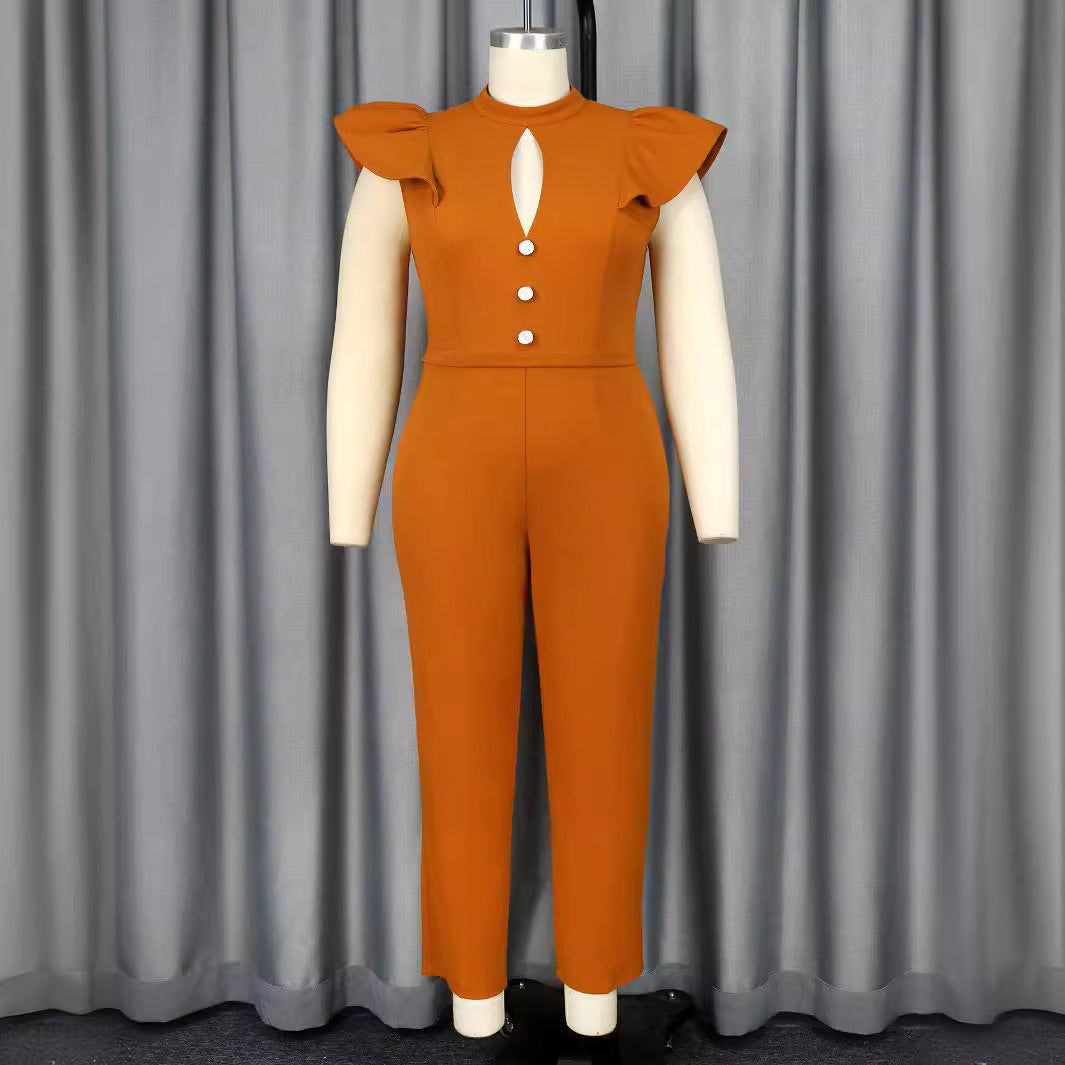 Damen eleganter Jumpsuit mit Rüschärmeln und dekorativen Knöpfen Echo Archiv