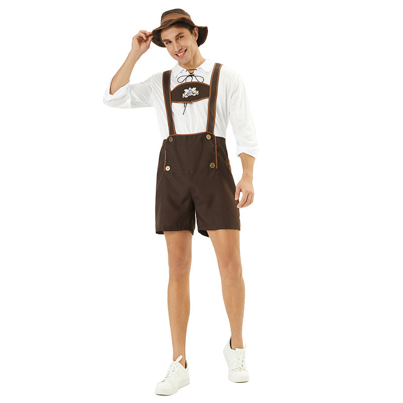 Herren nan Oktoberfest-Kurzlederhose mit verstellbaren Trägern, Zierknöpfen und besticktem Brustlatz Echo Archiv