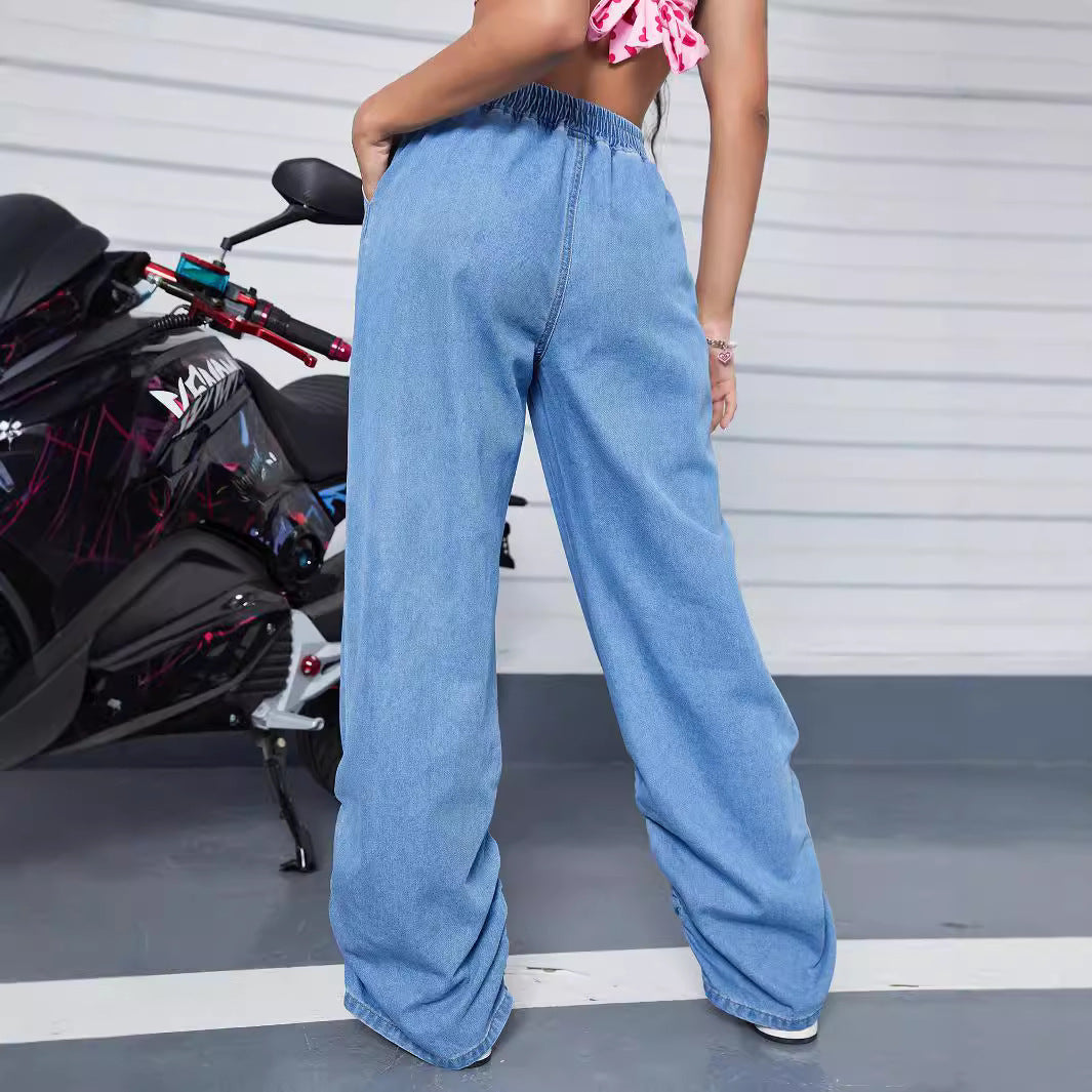 Damen Weite Denim-Hose mit elastischem Bund und gerafften Säumen Echo Archiv