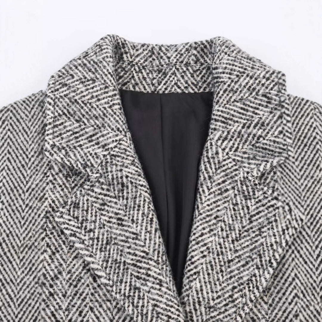 Damen Oversized Mantel mit Fischgrätmuster und tiefem Reverskragen Echo Archiv