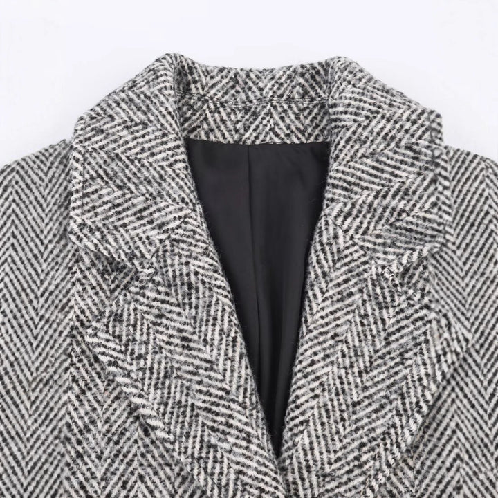 Damen Oversized Mantel mit Fischgrätmuster und tiefem Reverskragen Echo Archiv