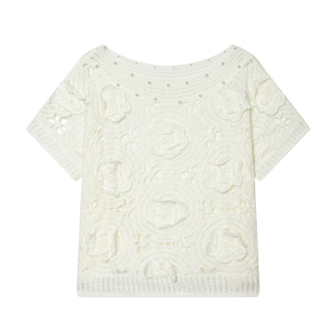 Damen Spitze T-Shirt mit luxuriöser Blumenstickerei und dekorativen Perlen Echo Archiv