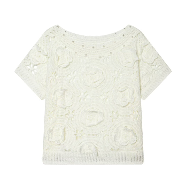 Damen Spitze T-Shirt mit luxuriöser Blumenstickerei und dekorativen Perlen Echo Archiv