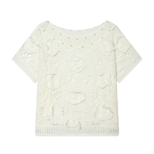 Damen Spitze T-Shirt mit luxuriöser Blumenstickerei und dekorativen Perlen Echo Archiv