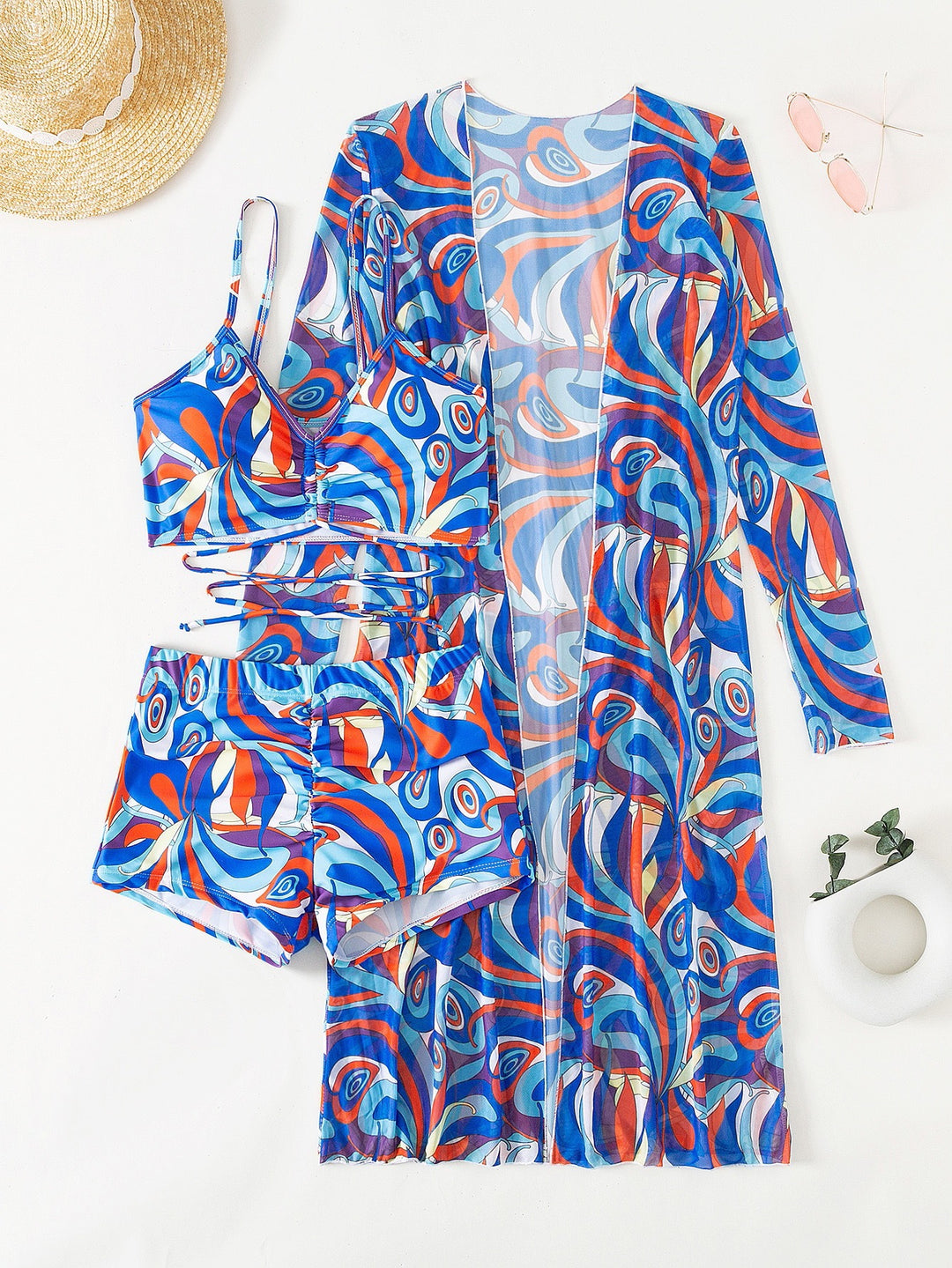 Damen Strandanzug mit leichtem Kimono und buntem Unterteil Echo Archiv