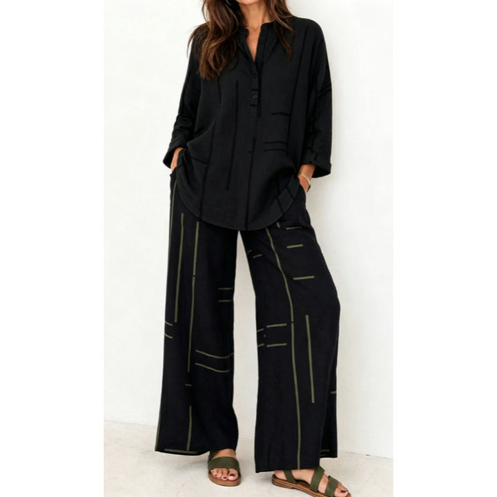 Damen Oversize-Tunika und weite Palazzohose mit grafischem Streifenprint und Henley-Kragen – Élanora
