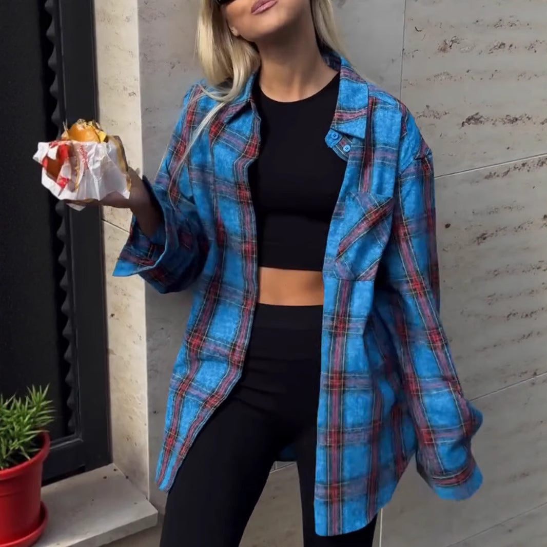 Damen karierte Oversize-Hemdjacke aus weichem Flanell mit aufgesetzter Brusttasche – Avérine