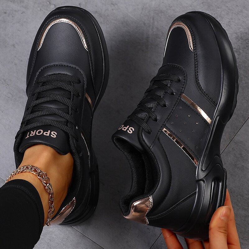 Damen Plateau‑Sneaker mit luftgepolsteter Dämpfung, Lederoptik & Metallic‑Akzenten Echoarchiv