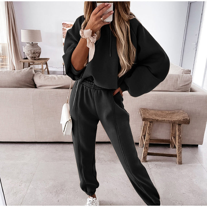 Damen kuscheliges Lounge-Zweiteiler-Set mit oversized Kapuzenpullover, Balloon-Ärmeln und taillierter Jogginghose – Auréline