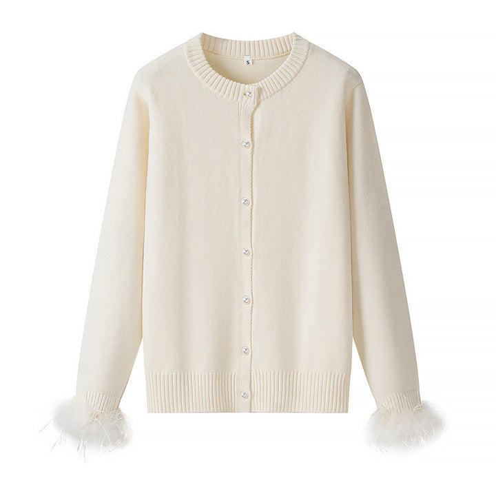Damen Strickcardigan mit Perlenknopfleiste und Federbesatz Echo Archiv