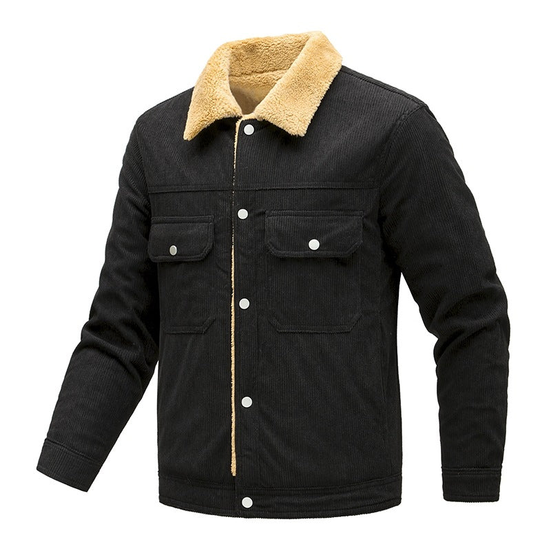 Herren Kordjacke mit Teddyfutter, Kunstfellkragen und Druckknopftaschen Echoarchiv