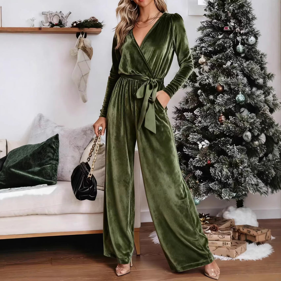 Damen Eleganter Velours Jumpsuit mit tiefem V-Ausschnitt Echo Archiv