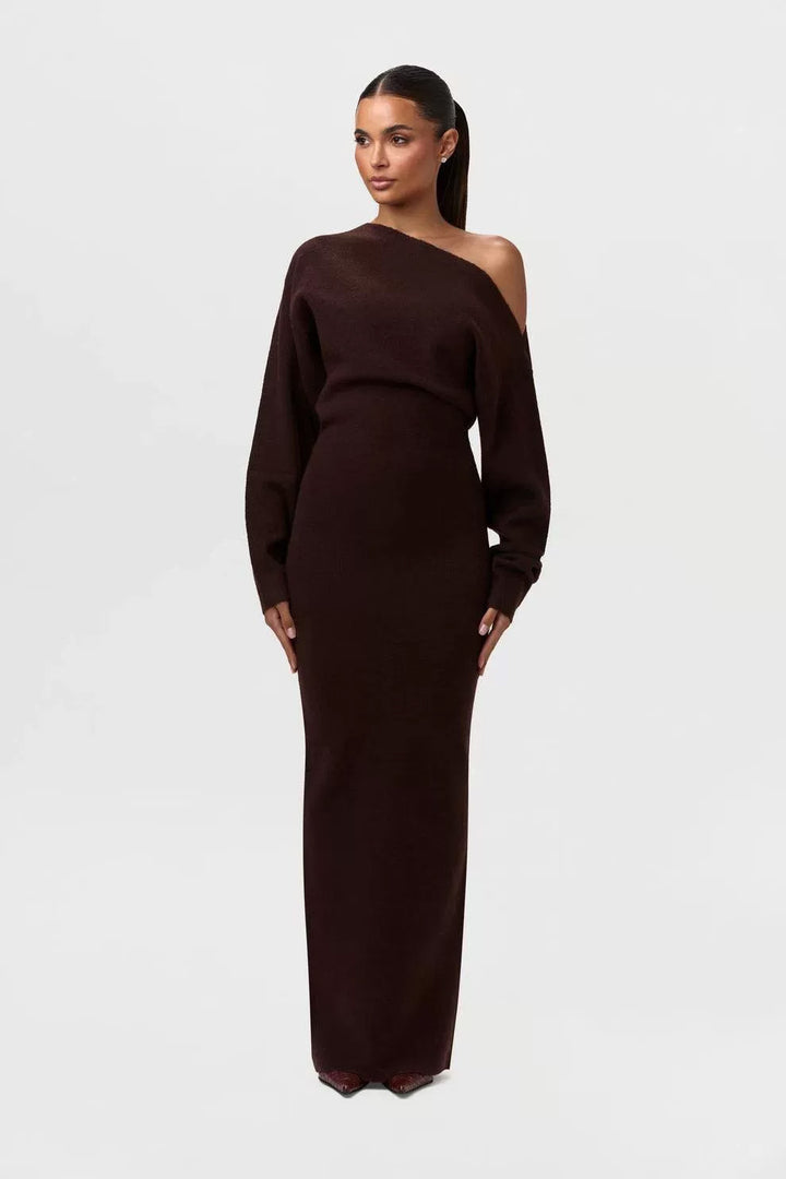 Damen One-Shoulder Maxi Strickkleid mit Übergroßen Ärmeln Echoarchiv
