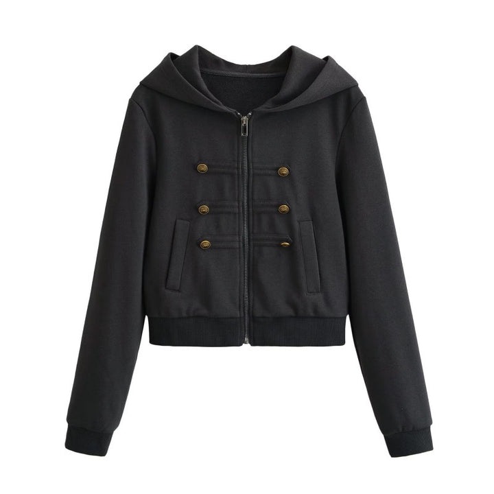 Damen Cropped Kapuzenblouson im Military‑Look mit Zierknopfleiste und geripptem Saum Echo Archiv