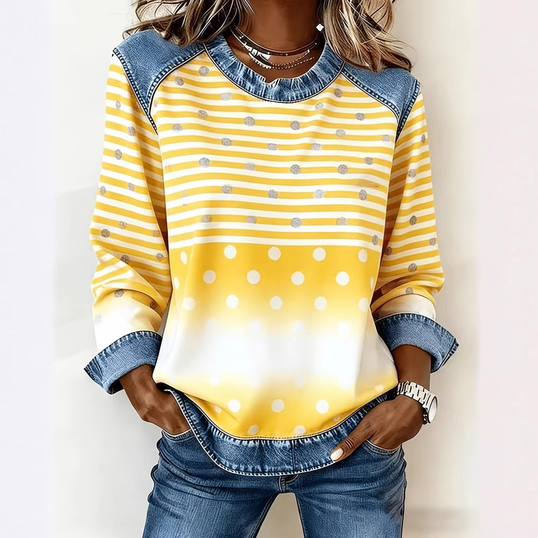 Damen Modischer Sweatshirt mit Karomuster und Denim-Details – Mavelle