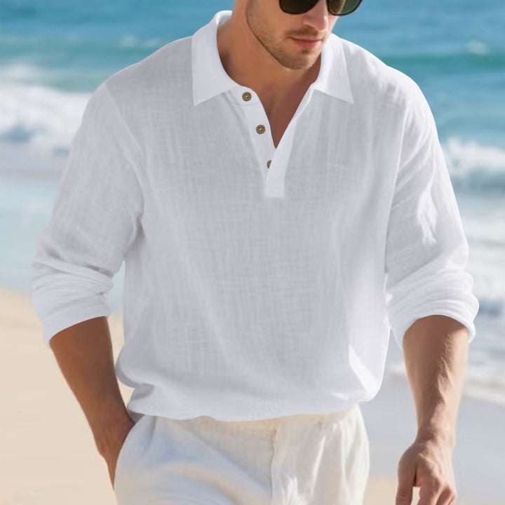 Herren langärmliges Henley-Shirt mit modischem Kragen und dekorativen Knopfdetails Echoarchiv
