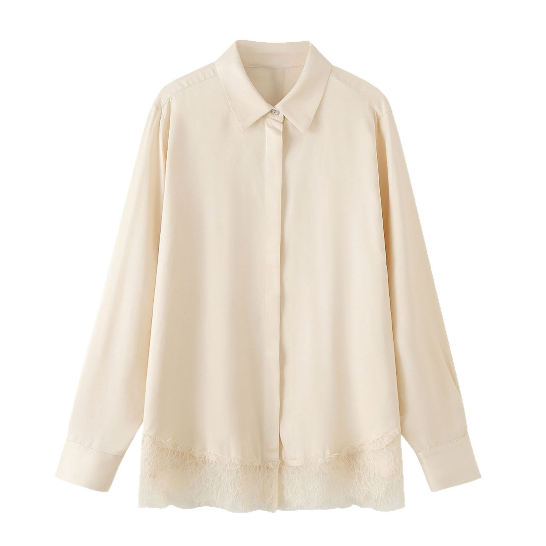 Damen Oversize-Bluse mit verdeckter Knopfleiste und Spitzenabschluss Echoarchiv