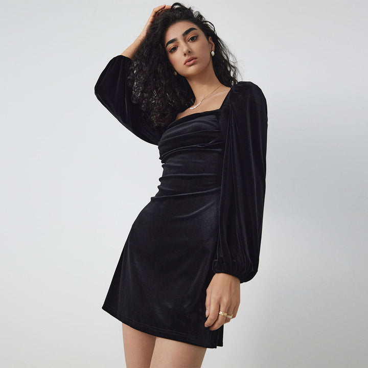 Damen Samt-Minikleid mit quadratischem Ausschnitt gerafftem Bustier und Ballonärmeln – Élara