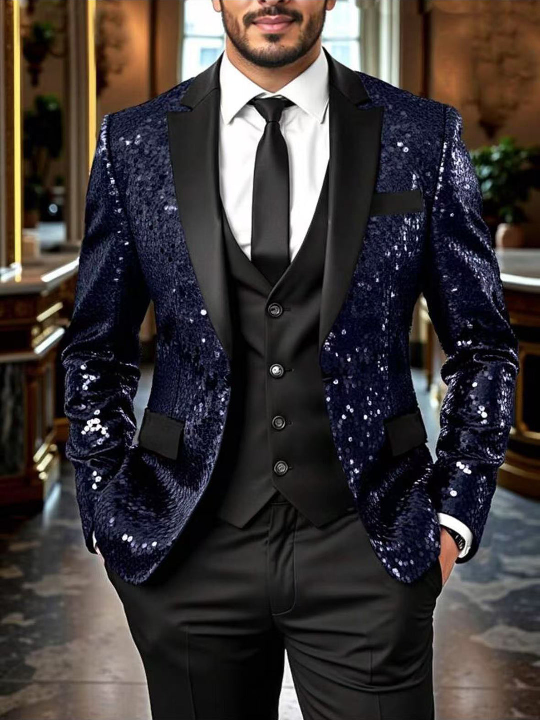 Herren Pailletten‑Sakko mit Satin‑Schalkragen und tailliertem Schnitt Echo Archiv