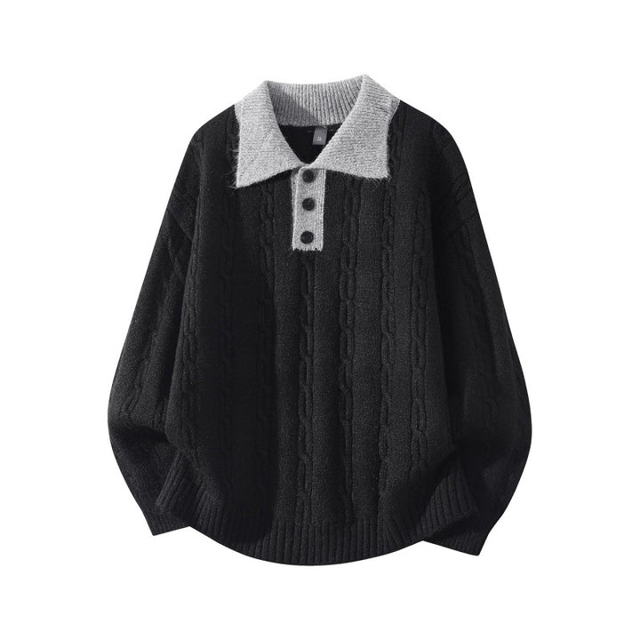 Herren Oversize Zopfmuster-Polo-Strickpullover mit Kontrastkragen und Dreiknopfleiste Echoarchiv