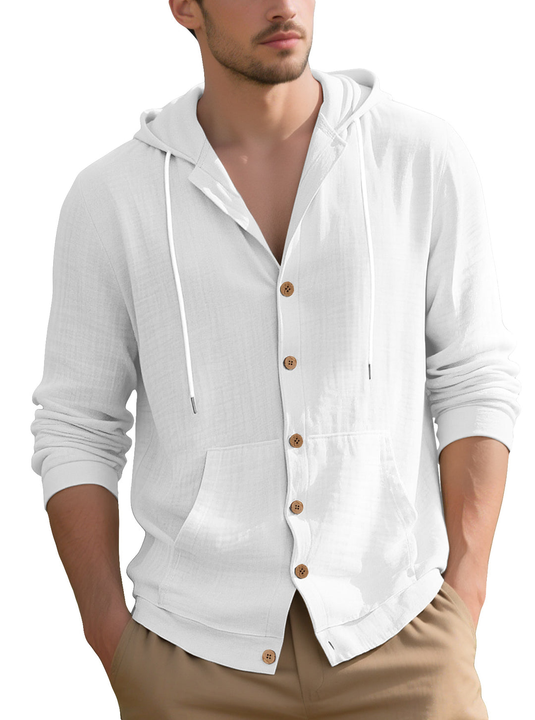Herren nan leichtes Kapuzen-Übershirt im Crinkle-Look mit Holzknopfleiste und Kängurutasche Echo Archiv