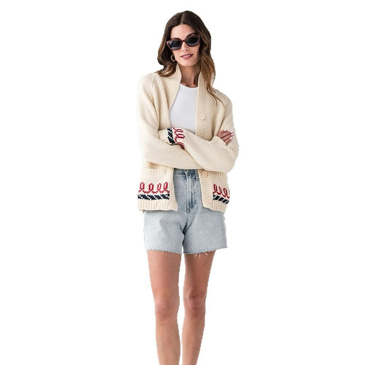 Damen Oversize Strickcardigan mit Walmotiv und nautischer Kontrastbordüre Echoarchiv