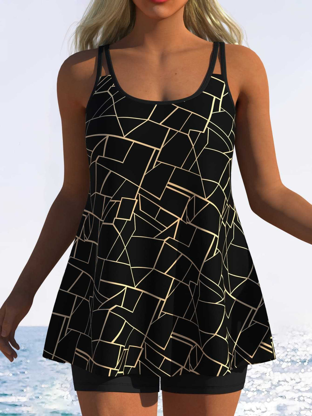 Damen Schwimmdress mit elegantem grafischen Mustermix und schickem Rocksaum Echo Archiv