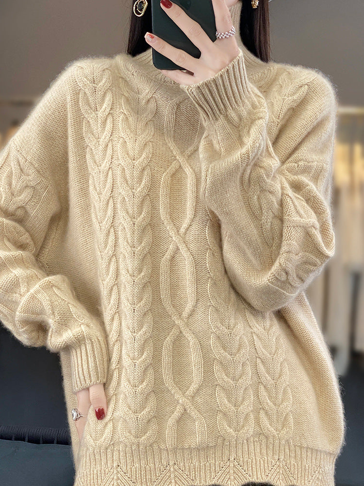 Damen Oversize-Zopfmuster-Pullover mit Mohair-Optik und gerippten Bündchen Echoarchiv