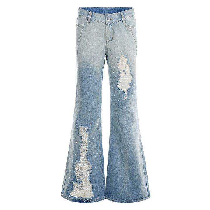 Damen Weite Schlagjeans mit hoher Taille, ausgefransten Rissen und Perlenapplikation Echo Archiv