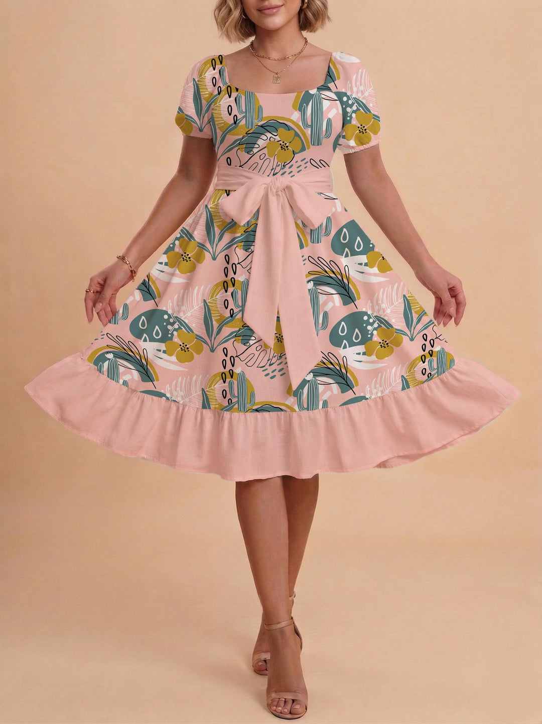 Damen Midikleid mit verspieltem Druck und tailliertem Schnitt Echo Archiv