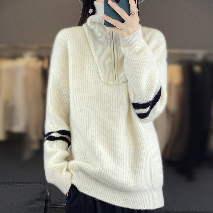 Damen Rippenstrick-Pullover mit halbem Reißverschluss, hohem Stehkragen und lässiger Passform Echoarchiv