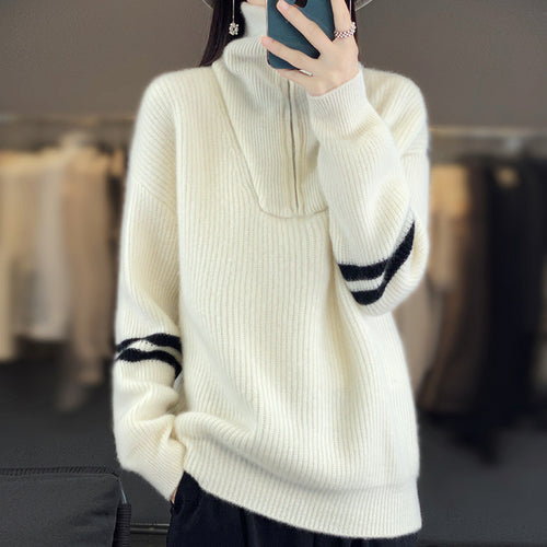 Damen Rippenstrick-Pullover mit halbem Reißverschluss, hohem Stehkragen und lässiger Passform Echoarchiv
