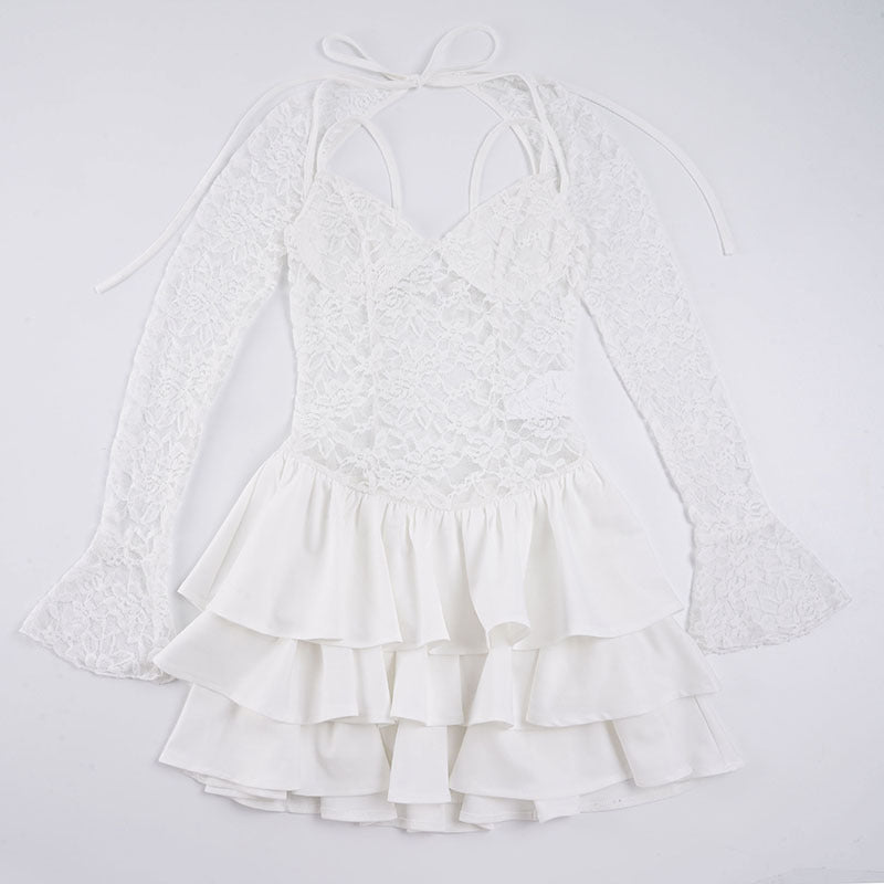 Damen Elegantes Spitzenkleid mit Rüschensaum und langen Ärmeln Echo Archiv