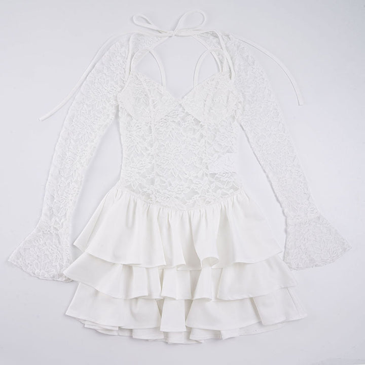 Damen Elegantes Spitzenkleid mit Rüschensaum und langen Ärmeln Echo Archiv